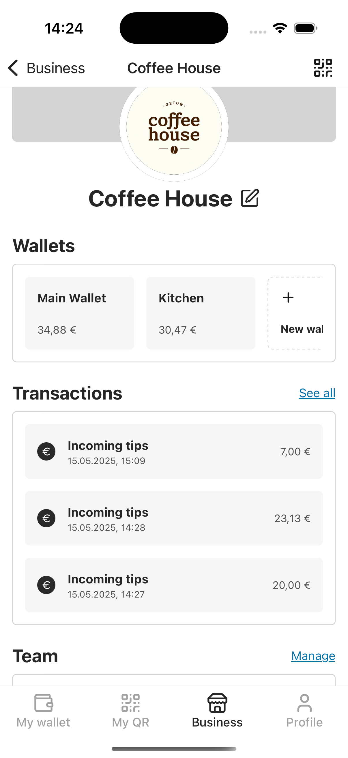 Transactions section