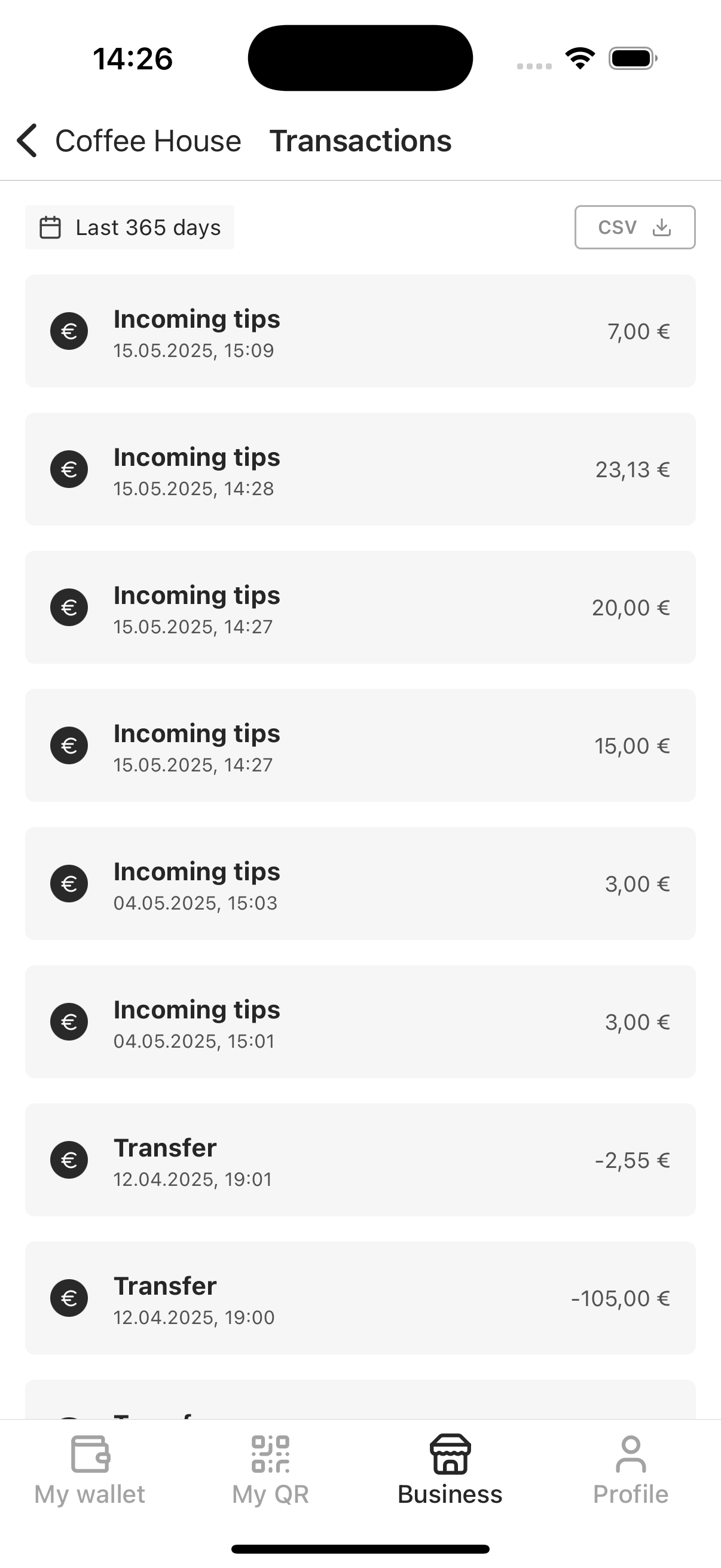 Full transaction list