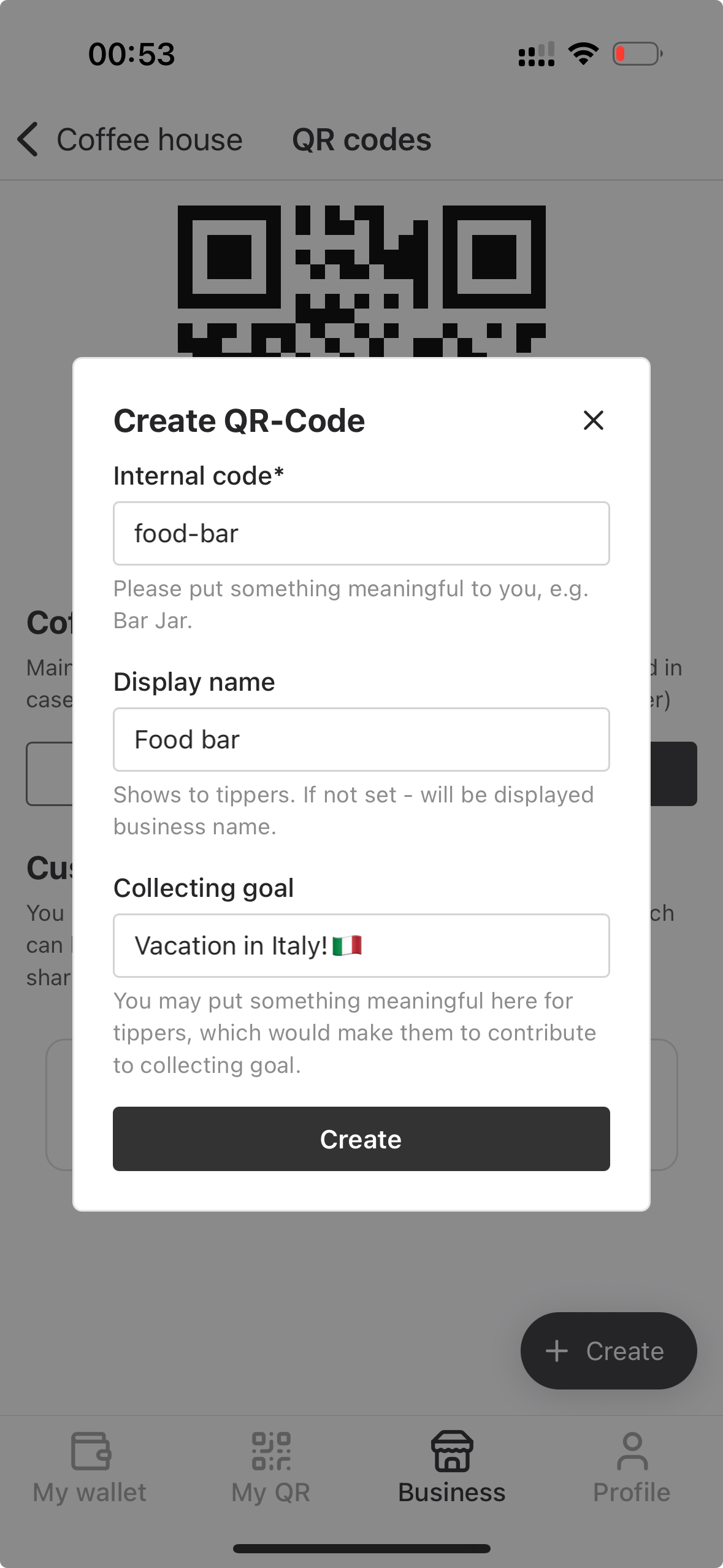 QR codes menu in Settings section