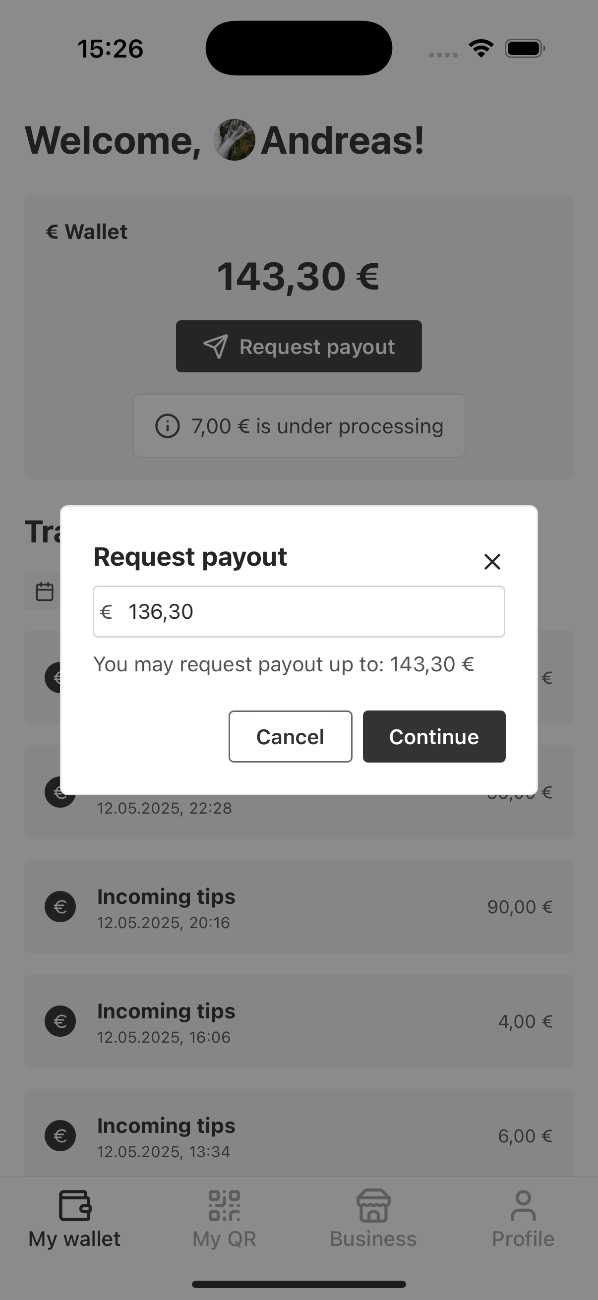 Request payout modal window