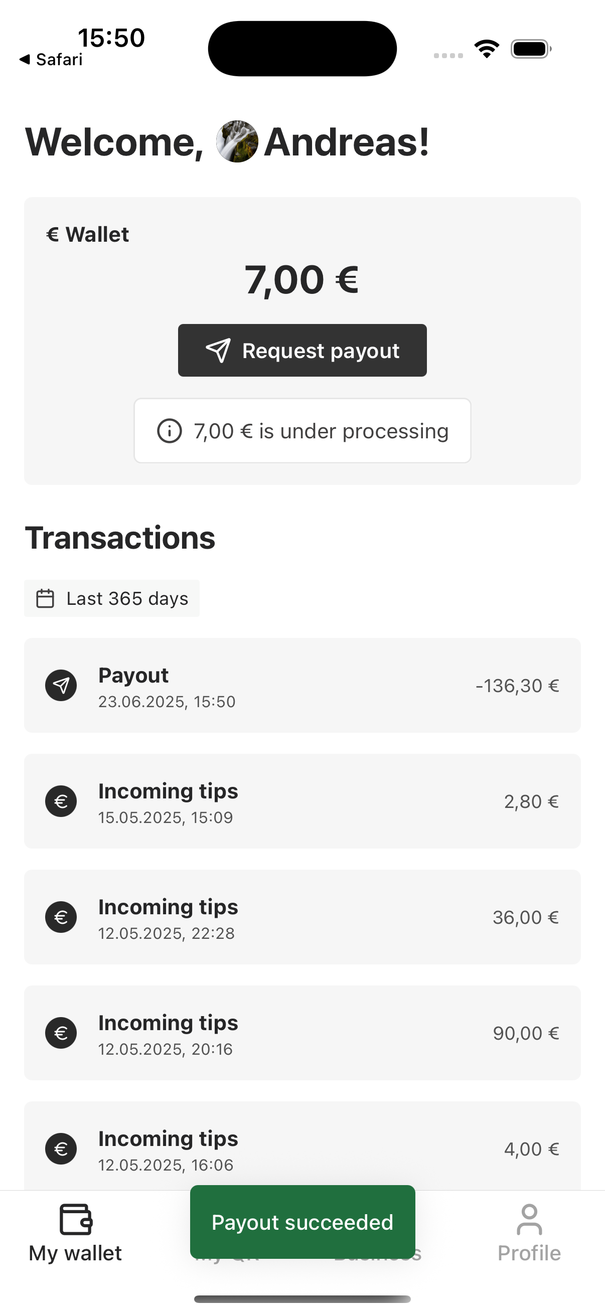 Transactions section