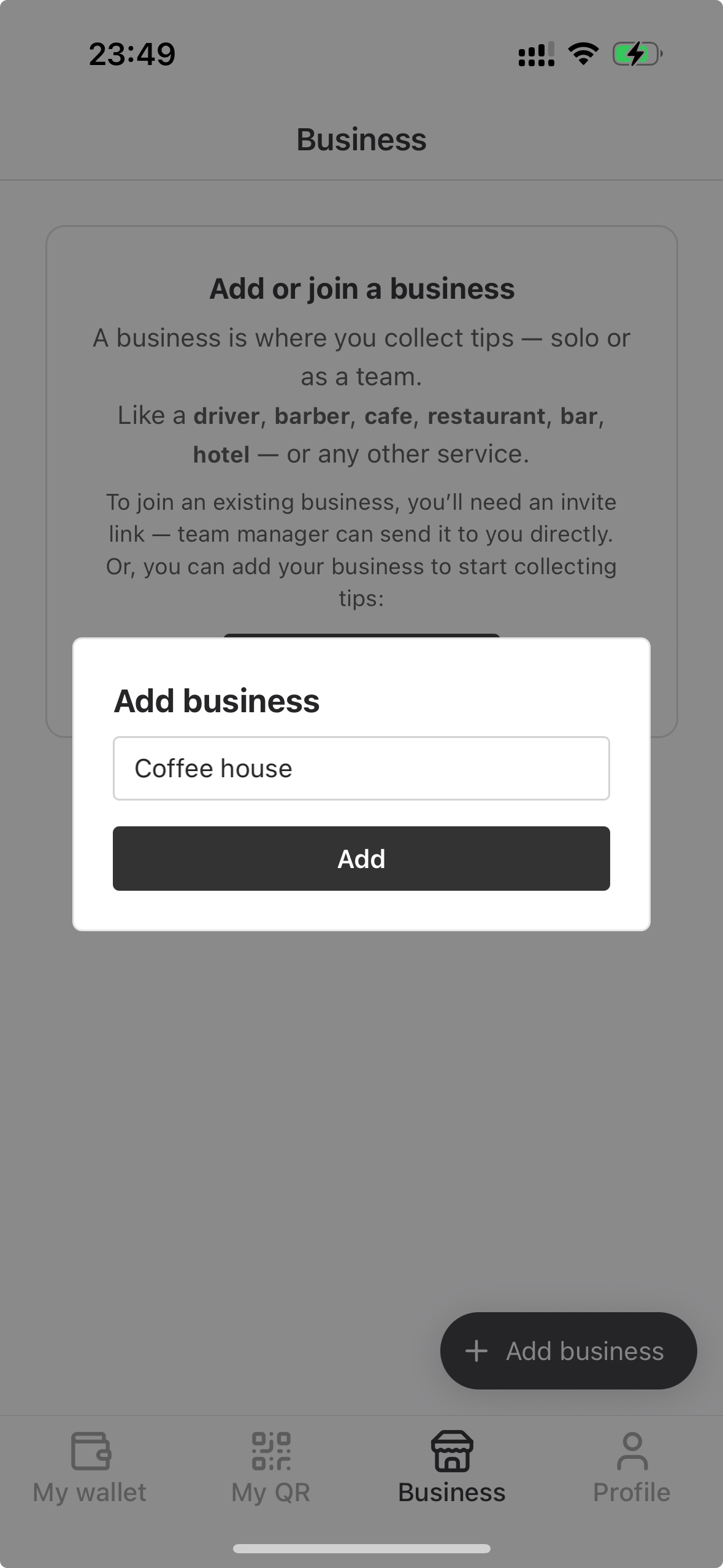 Modal window for adding a business