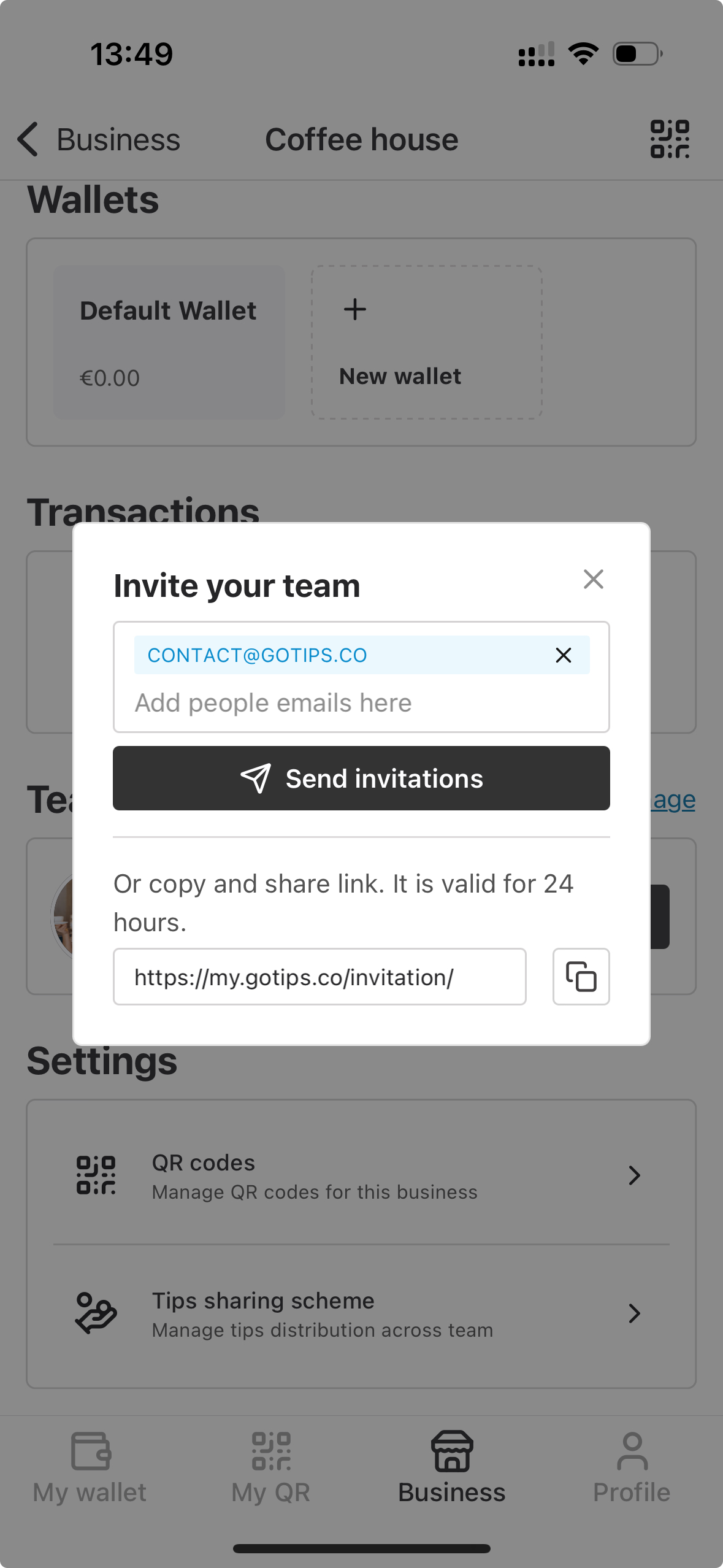 Invitation modal window
