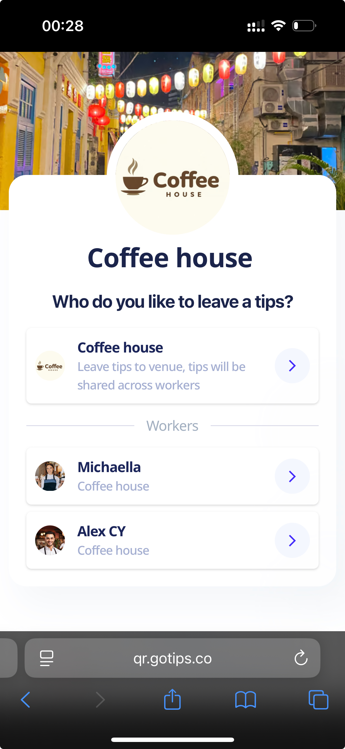 Customer may choose who to tip on Team QR code